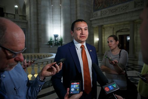 MIKE DEAL / WINNIPEG FREE PRESS
Wab Kinew Leader of the MB NDP and Leader of the Opposition talks to the media after question period in the Manitoba Legislative Assembly Wednesday afternoon.
190515 - Wednesday, May 15, 2019.