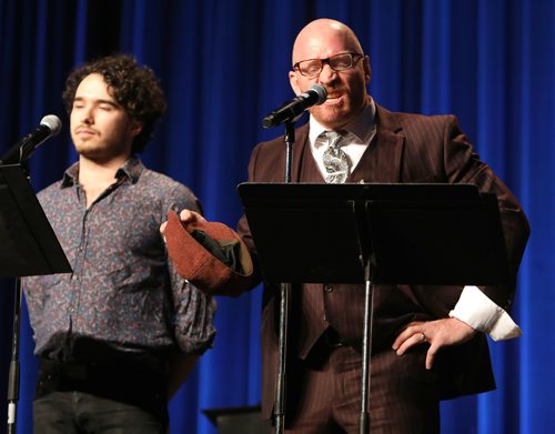 JASON HALSTEAD / WINNIPEG FREE PRESS

L-R: Rainbow Stage perfomers Josh Bellan and Carson Nattrass (Rainbow Stage artistic director) sing tunes from the musical 'Strike!' at the Winnipeg General Strike Centennial Gala Dinner presented by Manitoba's unions on May 15, 2019 at the RBC Convention Centre Winnipeg. (See Sanders story)
