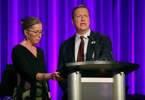 JASON HALSTEAD / WINNIPEG FREE PRESS

L-R: Historian Sharon Reilly and Kevin Rebeck (president of the Manitoba Federation of Labour) speak at the Winnipeg General Strike Centennial Gala Dinner presented by Manitoba's unions on May 15, 2019 at the RBC Convention Centre Winnipeg. (See Sanders story)