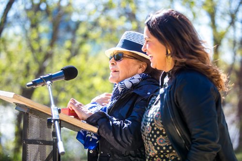 MIKAELA MACKENZIE / WINNIPEG FREE PRESS
Elder Mary Courchene (left) speaks at a press conference announcing new three new Indigenous art installations at The Forks with Julie Nagam, chair of the History of Indigenous Arts of North America at the University of Winnipeg and the Winnipeg Art Gallery, in Winnipeg on Thursday, May 16, 2019. For Alex Paul story.
Winnipeg Free Press 2019.