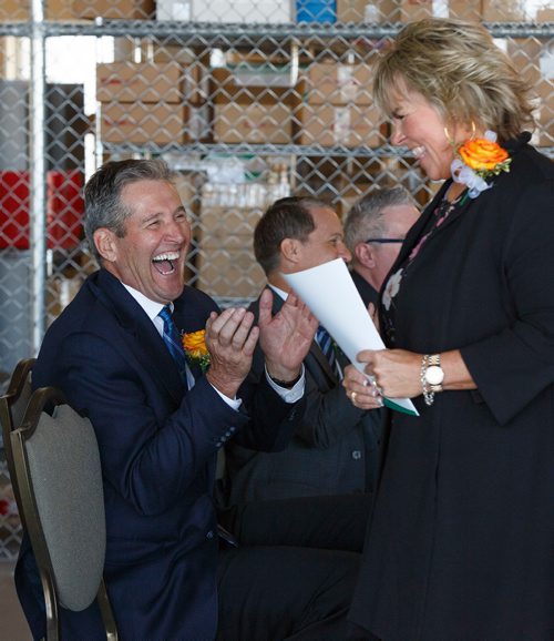 MIKE DEAL / WINNIPEG FREE PRESS
Premier Brian Pallister and Tina Jones, Board Chair, Health Sciences Centre Foundation laugh at a joke made by the Premier during an announcement that the Health Sciences Centre Foundation will build a new transplant clinic on the third floor of Manitoba's largest hospital thanks to $3 million from two anonymous donors and $2.5 million from the province. 
190516 - Thursday, May 16, 2019.