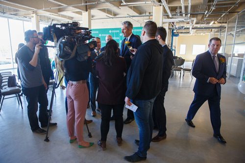 MIKE DEAL / WINNIPEG FREE PRESS
Premier Brian Pallister talks to media during an announcement that the Health Sciences Centre Foundation will build a new transplant clinic on the third floor of Manitoba's largest hospital thanks to $3 million from two anonymous donors and $2.5 million from the province. 
190516 - Thursday, May 16, 2019.