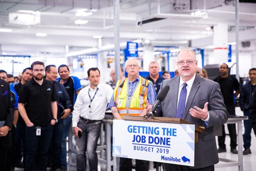 MIKAELA MACKENZIE / WINNIPEG FREE PRESS
Education and Training Minister Kelvin Goertzen announces provincial funding support for industry sector councils at a press conference at StandardAero in Winnipeg on Friday, May 17, 2019. For Martin Cash story.
Winnipeg Free Press 2019.