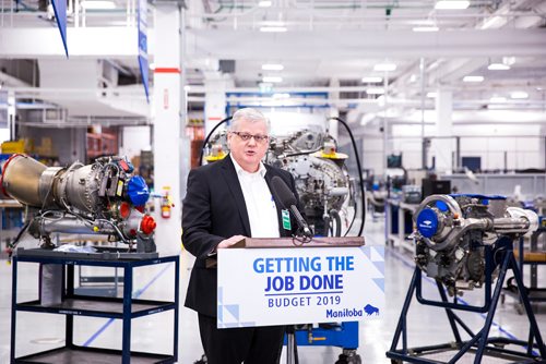 MIKAELA MACKENZIE / WINNIPEG FREE PRESS
Wendell Wiebe, CEO of Manitoba Aerospace, speaks at a press conference on provincial funding support for industry sector councils at StandardAero in Winnipeg on Friday, May 17, 2019. For Martin Cash story.
Winnipeg Free Press 2019.