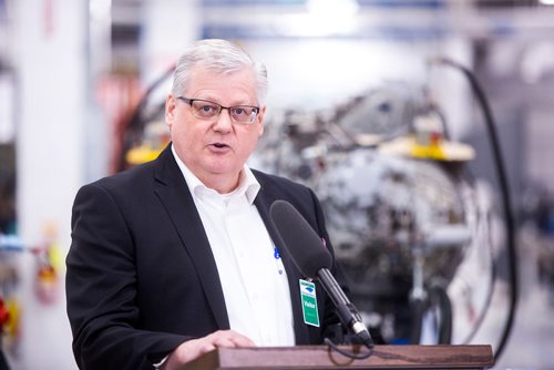 MIKAELA MACKENZIE / WINNIPEG FREE PRESS
Wendell Wiebe, CEO of Manitoba Aerospace, speaks at a press conference on provincial funding support for industry sector councils at StandardAero in Winnipeg on Friday, May 17, 2019. For Martin Cash story.
Winnipeg Free Press 2019.