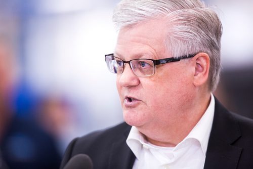 MIKAELA MACKENZIE / WINNIPEG FREE PRESS
Wendell Wiebe, CEO of Manitoba Aerospace, speaks at a press conference on provincial funding support for industry sector councils at StandardAero in Winnipeg on Friday, May 17, 2019. For Martin Cash story.
Winnipeg Free Press 2019.