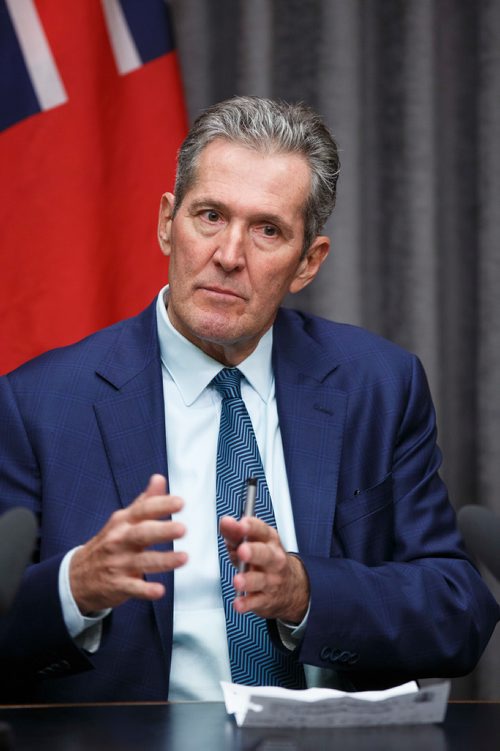 MIKE DEAL / WINNIPEG FREE PRESS
Premier Brian Pallister responds to the news that the federal cabinet announced it has delayed approval of the construction of the Manitoba-Minnesota transmission project by a month. 
190517 - Friday, May 17, 2019.