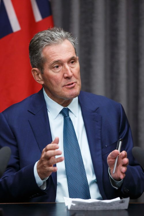 MIKE DEAL / WINNIPEG FREE PRESS
Premier Brian Pallister responds to the news that the federal cabinet announced it has delayed approval of the construction of the Manitoba-Minnesota transmission project by a month. 
190517 - Friday, May 17, 2019.