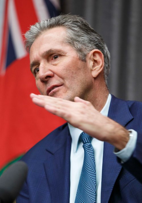 MIKE DEAL / WINNIPEG FREE PRESS
Premier Brian Pallister responds to the news that the federal cabinet announced it has delayed approval of the construction of the Manitoba-Minnesota transmission project by a month. 
190517 - Friday, May 17, 2019.