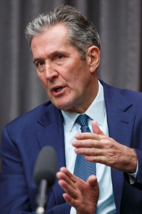 MIKE DEAL / WINNIPEG FREE PRESS
Premier Brian Pallister responds to the news that the federal cabinet announced it has delayed approval of the construction of the Manitoba-Minnesota transmission project by a month. 
190517 - Friday, May 17, 2019.