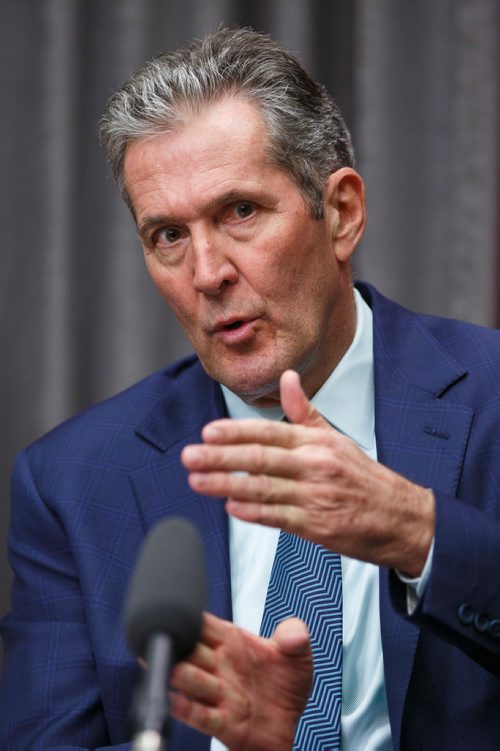 MIKE DEAL / WINNIPEG FREE PRESS
Premier Brian Pallister responds to the news that the federal cabinet announced it has delayed approval of the construction of the Manitoba-Minnesota transmission project by a month. 
190517 - Friday, May 17, 2019.