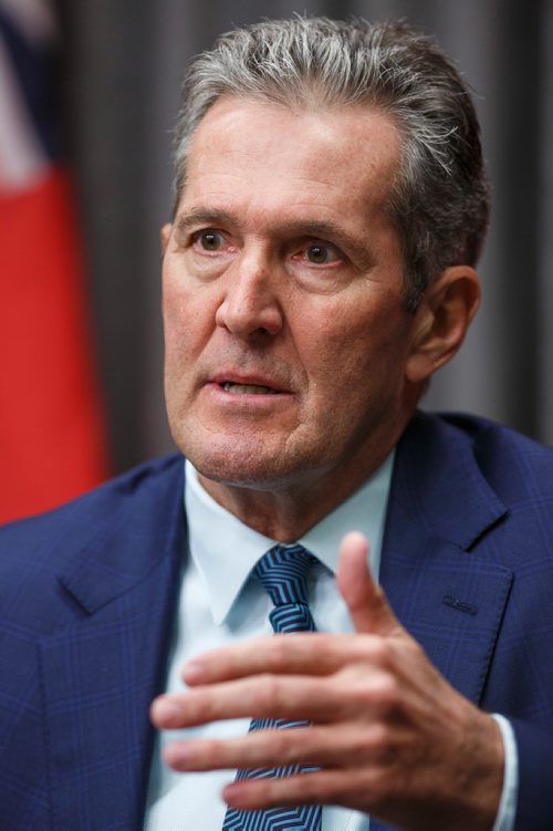 MIKE DEAL / WINNIPEG FREE PRESS
Premier Brian Pallister responds to the news that the federal cabinet announced it has delayed approval of the construction of the Manitoba-Minnesota transmission project by a month. 
190517 - Friday, May 17, 2019.