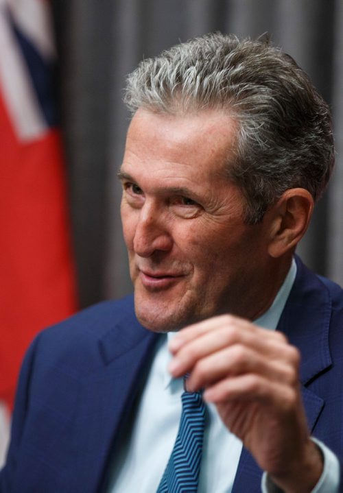 MIKE DEAL / WINNIPEG FREE PRESS
Premier Brian Pallister responds to the news that the federal cabinet announced it has delayed approval of the construction of the Manitoba-Minnesota transmission project by a month. 
190517 - Friday, May 17, 2019.