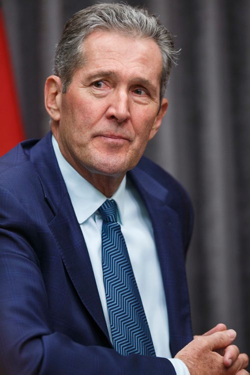 MIKE DEAL / WINNIPEG FREE PRESS
Premier Brian Pallister responds to the news that the federal cabinet announced it has delayed approval of the construction of the Manitoba-Minnesota transmission project by a month. 
190517 - Friday, May 17, 2019.