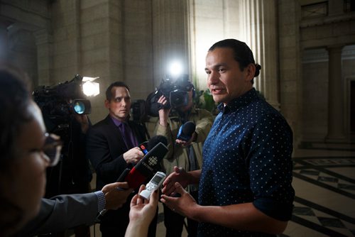 MIKE DEAL / WINNIPEG FREE PRESS
Wab Kinew Leader of the MB NDP and Leader of the Opposition talks to the media after hearing Premier Brian Pallister's response to the news that the federal cabinet announced it has delayed approval of the construction of the Manitoba-Minnesota transmission project by a month. 
190517 - Friday, May 17, 2019.