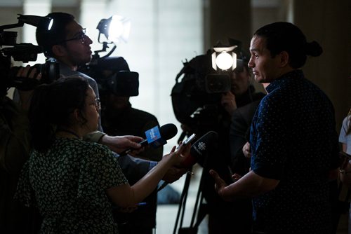 MIKE DEAL / WINNIPEG FREE PRESS
Wab Kinew Leader of the MB NDP and Leader of the Opposition talks to the media after hearing Premier Brian Pallister's response to the news that the federal cabinet announced it has delayed approval of the construction of the Manitoba-Minnesota transmission project by a month. 
190517 - Friday, May 17, 2019.