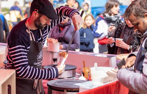 SASHA SEFTER / WINNIPEG FREE PRESS
Yvonnick Lelorec breaks an egg onto a freshly made crepe in his french creperie and pastry stall Ker Breizh at the St. Norbert Farmers Market on the opening day of the market's outdoor season.
190518 - Saturday, May 18, 2019.