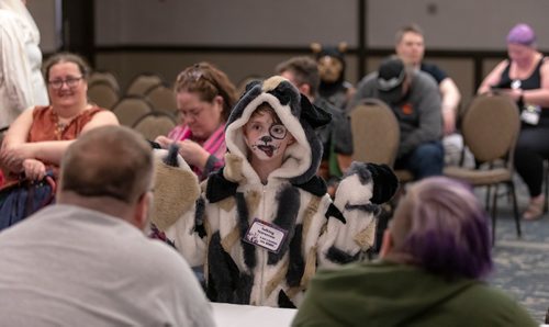 SASHA SEFTER / WINNIPEG FREE PRESS
Dani Calder (8) impresses the judges with her homemade Toto cosplay during the masquerade judging at the 36th annual KeyCon, Manitoba's largest and longest running science fiction and fantasy convention.
190518 - Saturday, May 18, 2019.