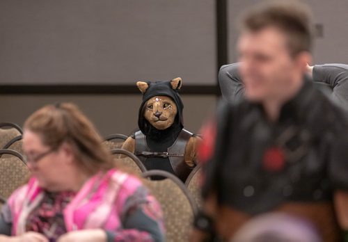 SASHA SEFTER / WINNIPEG FREE PRESS
Michelle Milka shows off her Khajiit cosplay from the popular video game The Elder Scrolls during the masquerade judging at the 36th annual KeyCon, Manitoba's largest and longest running science fiction and fantasy convention.
190518 - Saturday, May 18, 2019.