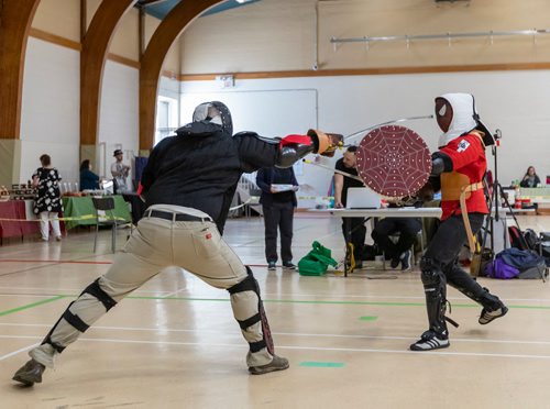SASHA SEFTER / WINNIPEG FREE PRESS
Patrick Haley (left) and Jacques Labrie battle each other with broadswords during the first annual International Historical European Martial Arts Tournament put on by the Winnipeg based Valour Historical European Martial Arts Academy held in the Universite de St. Boniface's Sportex Gym.
190518 - Saturday, May 18, 2019.