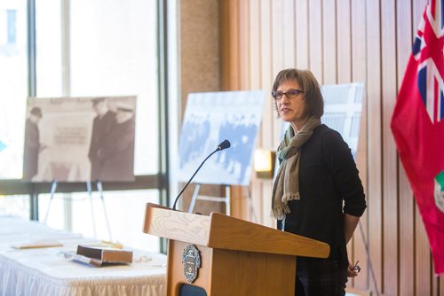 MIKAELA MACKENZIE / WINNIPEG FREE PRESS
Jody Baltessen, city archivist, speaks before the contents of a time capsule placed within the Public Safety Building on November 30, 1965 are opened at city hall in Winnipeg on Tuesday, May 21, 2019. For Aldo Santin story.
Winnipeg Free Press 2019.