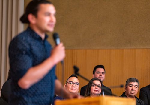 SASHA SEFTER / WINNIPEG FREE PRESS
Leader of the Manitoba NDP Wab Kinew speaks about the importance of Bill C-262 during a public rally titled Wiiji Bimosendiwin "walking together" hosted by the Encounter Life Fellowship in the Central River Heights Neighbourhood.
190521 - Tuesday, May 21, 2019.