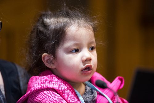 MIKAELA MACKENZIE / WINNIPEG FREE PRESS
Lolanda Ducharme speaks with her daughter, Lovelly, in opposition to an appeal of an extremely dangerous dog designation  at City Hall in Winnipeg on Wednesday, May 22, 2019. For Ryan Thorpe story.
Winnipeg Free Press 2019.