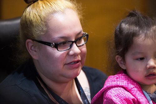 MIKAELA MACKENZIE / WINNIPEG FREE PRESS
Lolanda Ducharme speaks with her daughter, Lovelly, in opposition to an appeal of an extremely dangerous dog designation  at City Hall in Winnipeg on Wednesday, May 22, 2019. For Ryan Thorpe story.
Winnipeg Free Press 2019.