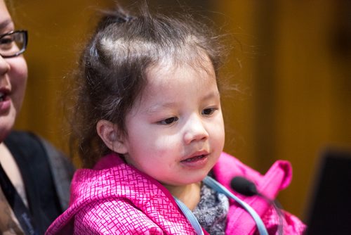 MIKAELA MACKENZIE / WINNIPEG FREE PRESS
Lolanda Ducharme speaks with her daughter, Lovelly, in opposition to an appeal of an extremely dangerous dog designation  at City Hall in Winnipeg on Wednesday, May 22, 2019. For Ryan Thorpe story.
Winnipeg Free Press 2019.