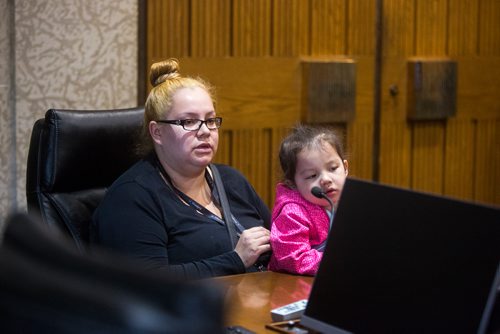 MIKAELA MACKENZIE / WINNIPEG FREE PRESS
Lolanda Ducharme speaks with her daughter, Lovelly, in opposition to an appeal of an extremely dangerous dog designation  at City Hall in Winnipeg on Wednesday, May 22, 2019. For Ryan Thorpe story.
Winnipeg Free Press 2019.