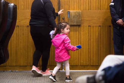 MIKAELA MACKENZIE / WINNIPEG FREE PRESS
Lolanda Ducharme walks out of the room with her daughter, Lovelly, at an appeal of an extremely dangerous dog designation  at City Hall in Winnipeg on Wednesday, May 22, 2019. For Ryan Thorpe story.
Winnipeg Free Press 2019.