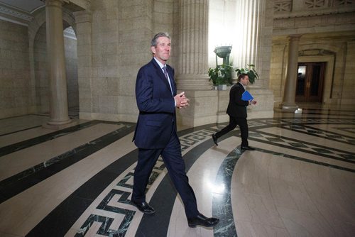 MIKE DEAL / WINNIPEG FREE PRESS
Premier Brian Pallister talks to reporters in the rotunda after question period in the Manitoba Legislature Wednesday afternoon.
190522 - Wednesday, May 22, 2019.