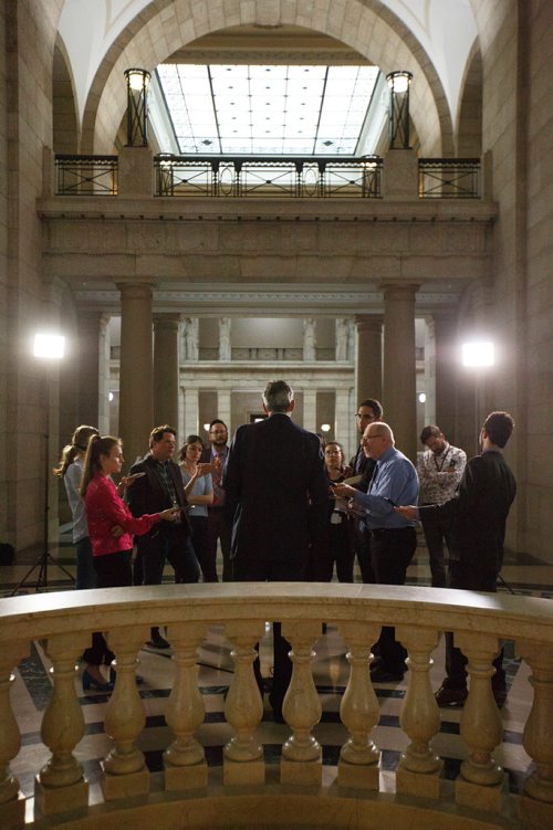 MIKE DEAL / WINNIPEG FREE PRESS
Premier Brian Pallister talks to reporters in the rotunda after question period in the Manitoba Legislature Wednesday afternoon.
190522 - Wednesday, May 22, 2019.