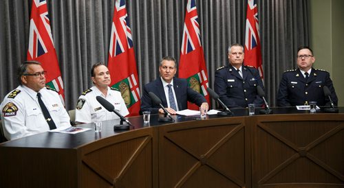 MIKE DEAL / WINNIPEG FREE PRESS
Justice Minister Cliff Cullen (Centre) announces that the province will be investing $2.7 million into the Policing and Public Safety Strategy at a press conference held at the legislative building and accompanied by (from left) Chief Rick Head, Manitoba First Nations Police Service, Chief Danny Smyth, Winnipeg Police Service, Chief Wayne Balcaen, Brandon Police Service, and Chief Supt. Rob Hill, RCMP.
190523 - Thursday, May 23, 2019.