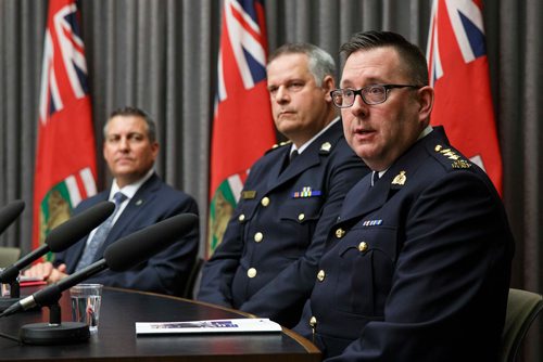 MIKE DEAL / WINNIPEG FREE PRESS
Chief Supt. Rob Hill (right), RCMP, answers a question during Justice Minister Cliff Cullen announcement that the province will be investing $2.7 million into the Policing and Public Safety Strategy at a press conference held at the legislative building Thursday morning. (from left) Justice Minister Cliff Cullen and Wayne Balcaen, Brandon Police Service.
190523 - Thursday, May 23, 2019.