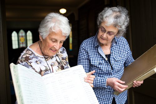 MIKAELA MACKENZIE / WINNIPEG FREE PRESS
Margaret Steele (left) and Rosalie Gill, who found records of over 2,800 miscarried or stillborn babies in a lost register book, pose for a portrait at the St. James Anglican Church in Winnipeg on Wednesday, May 22, 2019. They are planning a memorial garden for the infants. For Brenda Suderman story.
Winnipeg Free Press 2019.