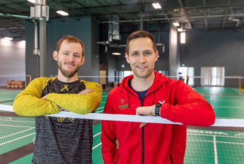 SASHA SEFTER / WINNIPEG FREE PRESS
Badminton Manitoba Provincial Coach Justin Friesen (left) and Executive Director Ryan Giesbrecht stand inside their new dedicated badminton facility Prairie Badminton which will open on June 1, 2019.
190523 - Thursday, May 23, 2019.