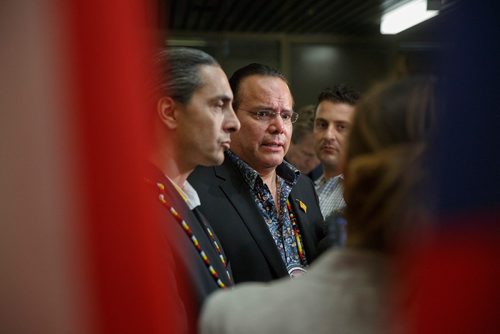 MIKE DEAL / WINNIPEG FREE PRESS
Assembly of Manitoba Chiefs, Grand Chief Arlen Dumas (left), and Manitoba Keewatinowi Okimakanak Grand Chief Garrison Settee (right) talk about the RCMP investigation on Garden Hill First Nation where seventeen children, both male and female, ranging in ages from 3 to 15 were identified as victims of sexual and/or physical abuse. Two men and a woman have been charge with various offences.
190523 - Thursday, May 23, 2019.