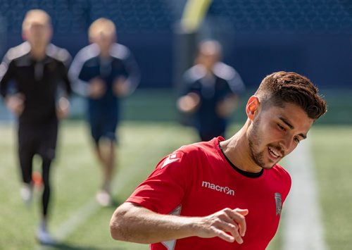 SASHA SEFTER / WINNIPEG FREE PRESS
Valour FC Midfielder Dylan Sacramento (7) runs through drills during a team practice on Investors Group Field.
190523 - Thursday, May 23, 2019.