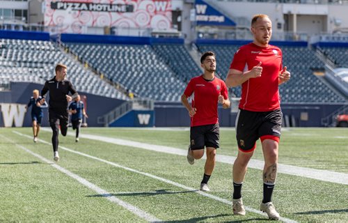 SASHA SEFTER / WINNIPEG FREE PRESS
Valour FC Midfielder Dylan Sacramento (middle) sprints the field during a team practice on Investors Group Field.
190523 - Thursday, May 23, 2019.