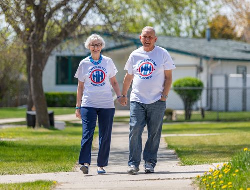 SASHA SEFTER / WINNIPEG FREE PRESS
President of the local chapter of the Huntington's Society Vern Barrett (right) and his wife Ellen who lives with Huntington's walk through their neighbourhood in The Maples.
190523 - Thursday, May 23, 2019.