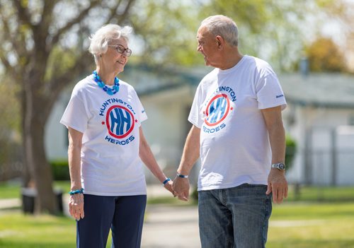 SASHA SEFTER / WINNIPEG FREE PRESS
President of the local chapter of the Huntington's Society Vern Barrett (right) and his wife Ellen who lives with Huntington's walk through their neighbourhood in The Maples.
190523 - Thursday, May 23, 2019.
