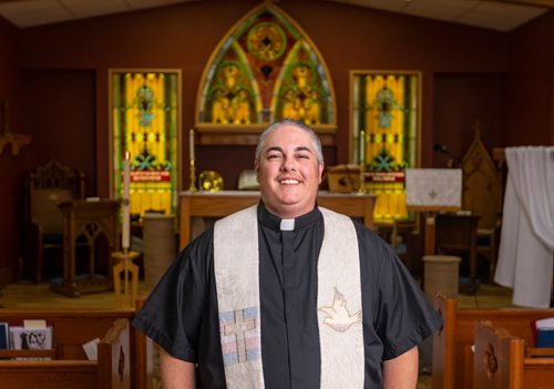 SASHA SEFTER / WINNIPEG FREE PRESS
New Anglican Deacon Theo Robinson wears his stole which features a trans flag inside his Transcona church.
190523 - Thursday, May 23, 2019.