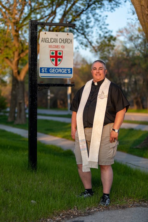 SASHA SEFTER / WINNIPEG FREE PRESS
New Anglican Deacon Theo Robinson wears his stole which features a trans flag outside his Transcona church.
190523 - Thursday, May 23, 2019.