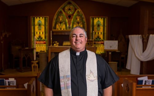 SASHA SEFTER / WINNIPEG FREE PRESS
New Anglican Deacon Theo Robinson wears his stole which features a trans flag inside his Transcona church.
190523 - Thursday, May 23, 2019.