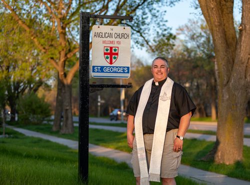 SASHA SEFTER / WINNIPEG FREE PRESS
New Anglican Deacon Theo Robinson wears his stole which features a trans flag outside his Transcona church.
190523 - Thursday, May 23, 2019.