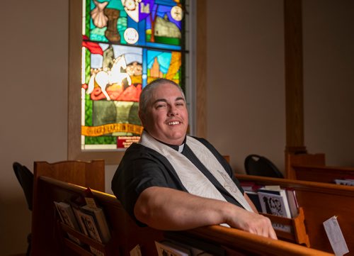 SASHA SEFTER / WINNIPEG FREE PRESS
New Anglican Deacon Theo Robinson wears his stole which features a trans flag inside his Transcona church.
190523 - Thursday, May 23, 2019.