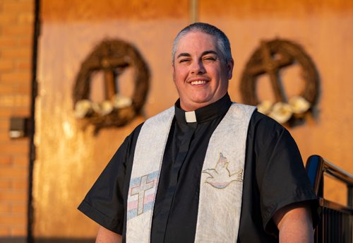 SASHA SEFTER / WINNIPEG FREE PRESS
New Anglican Deacon Theo Robinson wears his stole which features a trans flag outside his Transcona church.
190523 - Thursday, May 23, 2019.