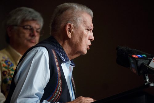 MIKE DEAL / WINNIPEG FREE PRESS
Elder George Fleury, Survivor, speaks during the official opening of the new exhibit at the Manitoba Museum.
The Manitoba Museum opens its exhibition devoted to the tragic story of Ste. Madeleine - a story depicting the displacement of hundreds of Métis people in Manitoba Friday morning. Among the attendees were Elder George Fleury who was four-years-old when his family was forced from their home in Ste. Madeleine, MB.
190524 - Friday, May 24, 2019.