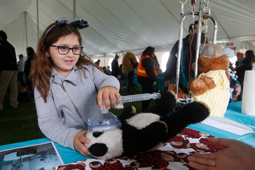 JOHN WOODS / WINNIPEG FREE PRESS
angelina Borges, 5, prepares her Teddy for surgery at the Teddy Bear Picnic in Assiniboine Park, Winnipeg Sunday, May 26, 2019.

Reporter: ?